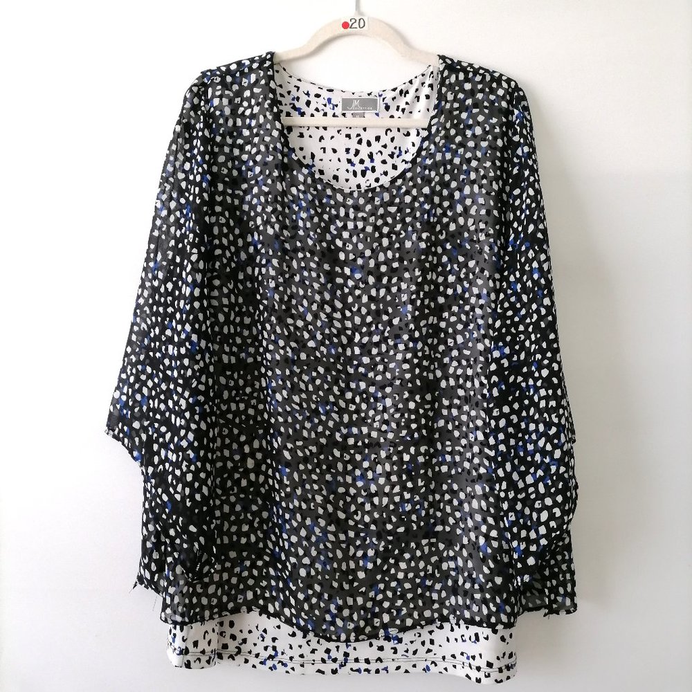 JM Collections Womens Black Round Neck Flared Sleeve Spotted Blouse Top Size XL
